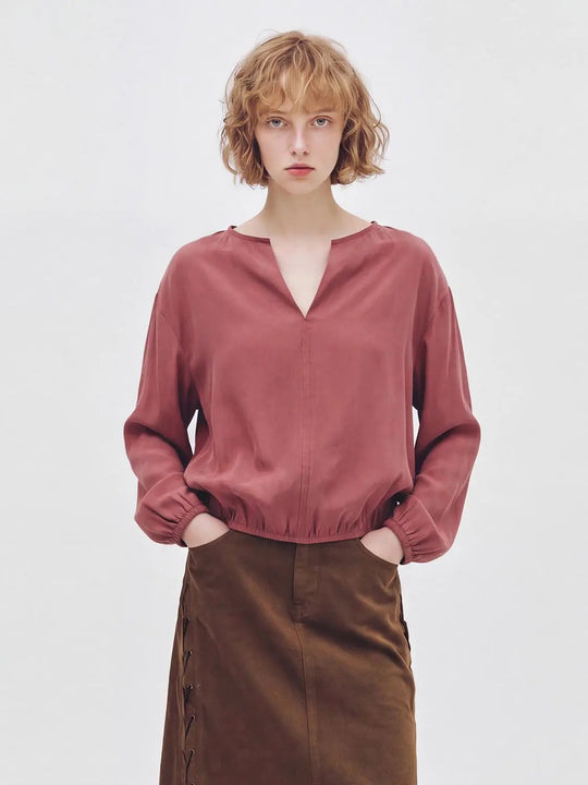 Boxy V-neck Long Sleeve Elastic Hem Blouse