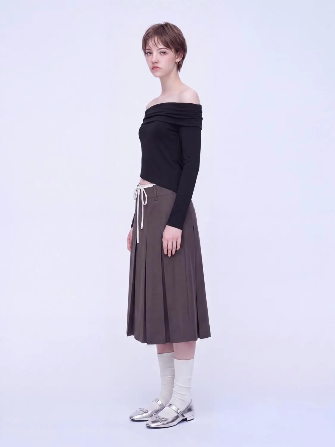 Off Shoulder Long Sleeve T-Shirts, black top with brown pleated midi skirt and white drawstring