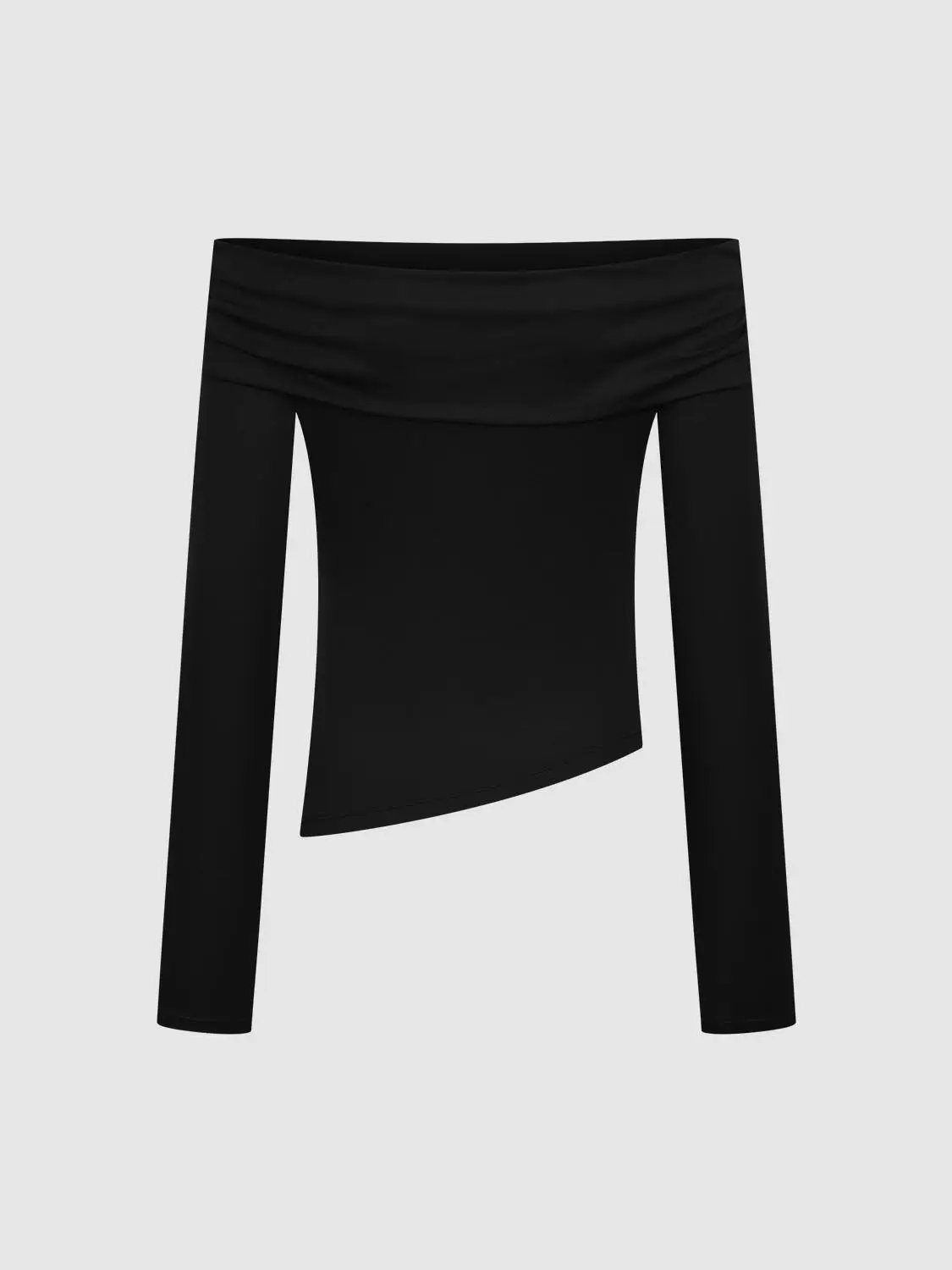 Off-shoulder black long-sleeve T-shirt with draped neckline and asymmetrical curved hem, versatile chic wear