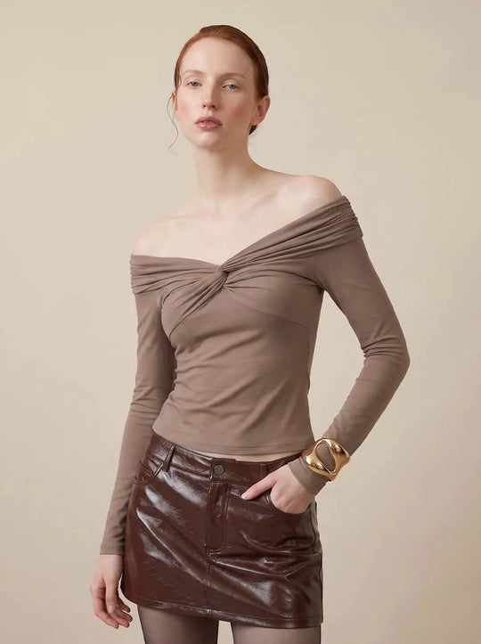 Off Shoulder Front Twist Knot Long Sleeve Slim Fit Top