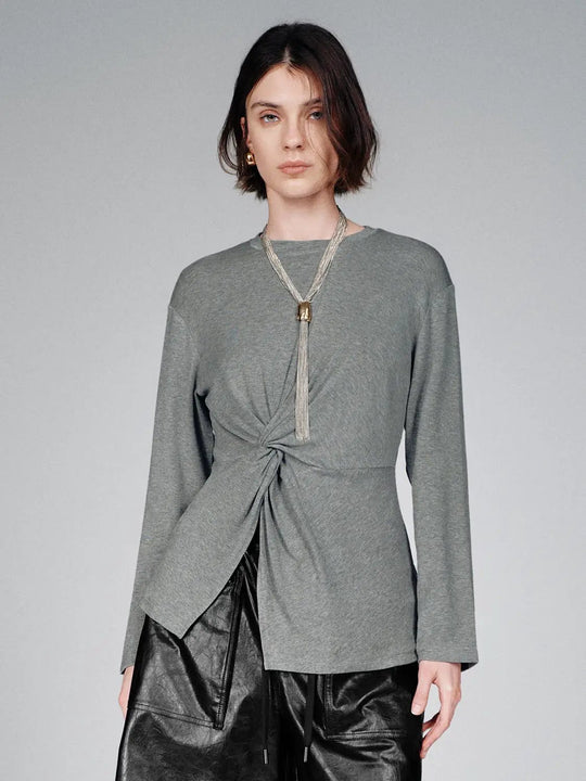 Knot Front Lyocell Wool Blend Crew Neck Long Sleeve T Shirts