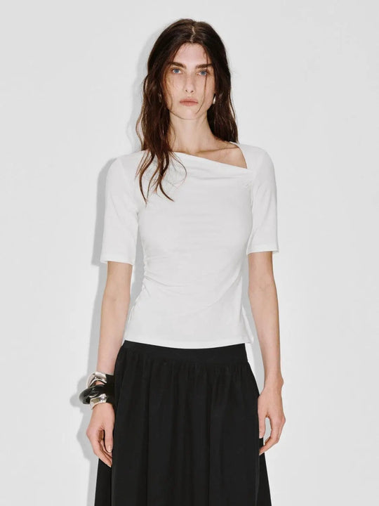 Asymmetric Neck Ruched Viscose Cotton T Shirt
