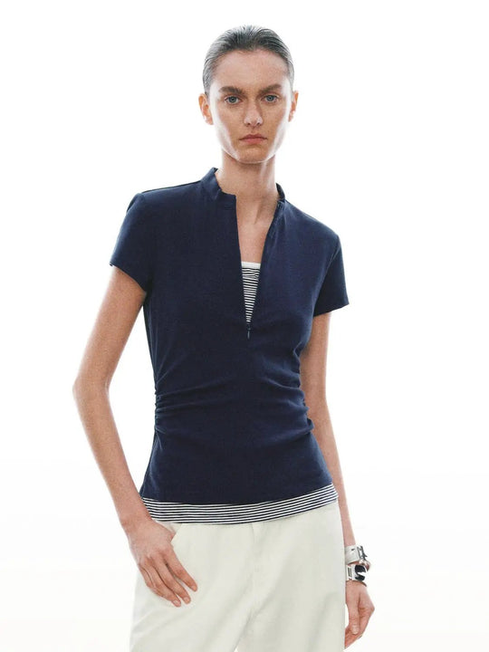 Nipped-Waist Ruched 2 In 1 Cotton Blend T Shirt