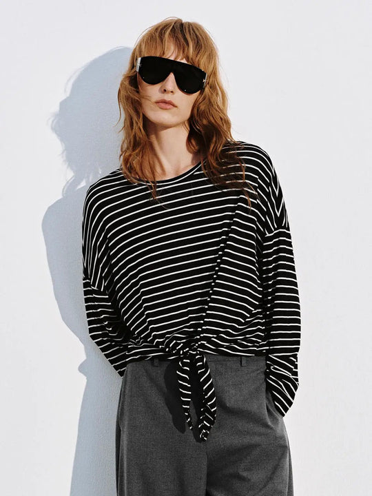 Viscose Blend Striped Tie Front Long Sleeve Top