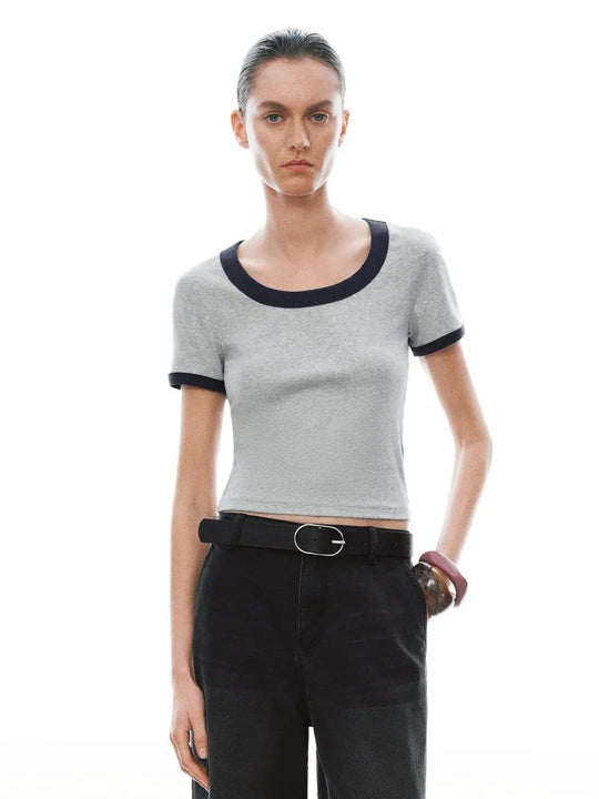 Cotton Stretch Textured Rib Knit Trim T-Shirt