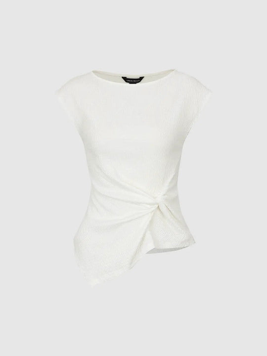 Asymmetric Front-Knot Cap Sleeve Boat Neck T-Shirts