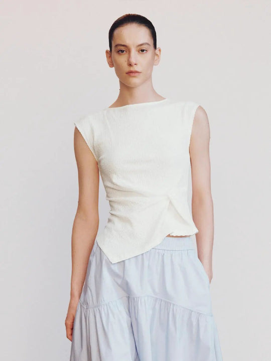 Cotton Asymmetric Front Knot Cap Sleeve T Shirt