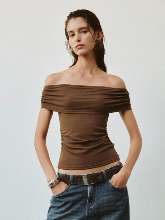 Off-Shoulder Ruched Stretch Viscose Cotton T-Shirts