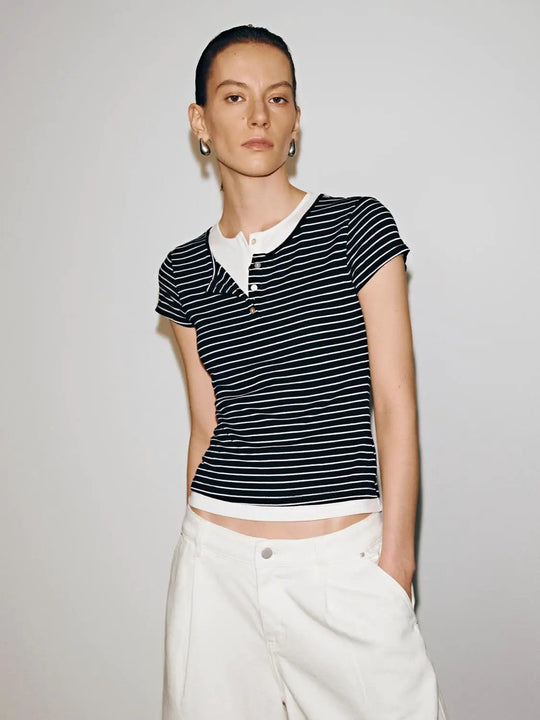 Henley Neck Contrast Striped Skinny Fit T-Shirts For Men