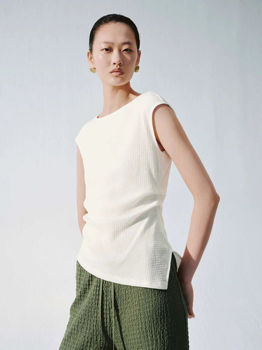 Asymmetric Ruched Cap Sleeve Knit T Shirts