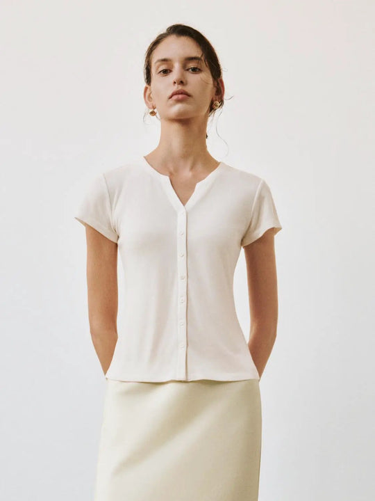 Cotton Knit Button Detail Short Sleeve Top
