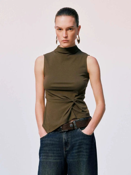 Mock Neck Knot Front Stretch Skinny T Shirts