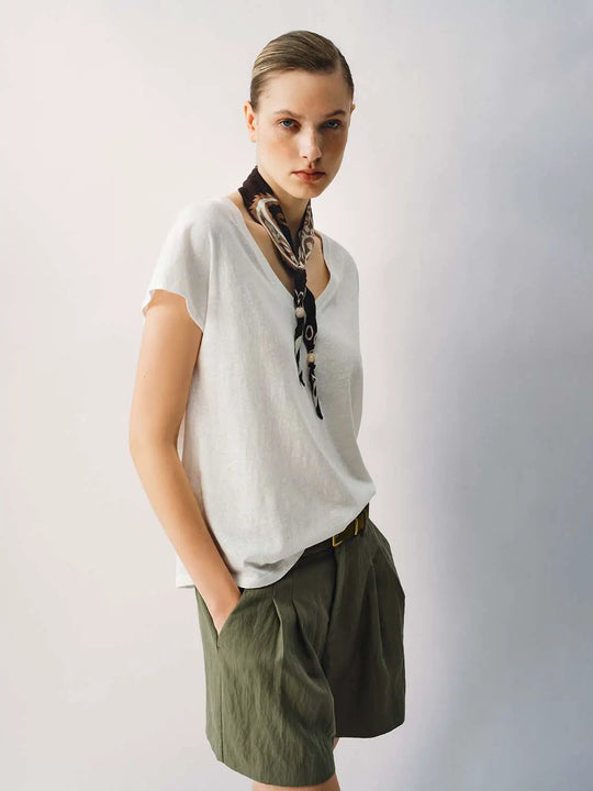 Cotton-Blend Thin Stretch Fabric V-Neck T-Shirt