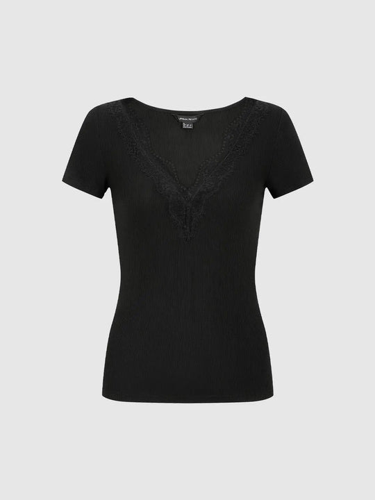 Viscose Lace Trim V-Neck Ribbed Knit T-Shirts