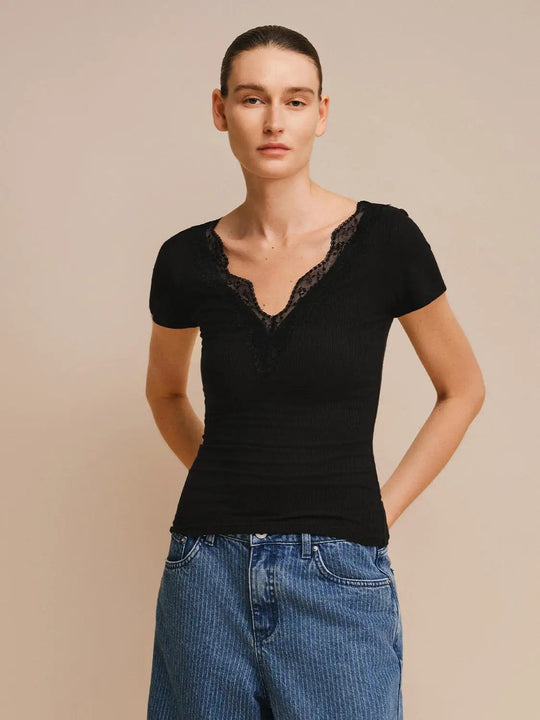 Lace Trim V-Neck Ribbed Knit T-Shirt