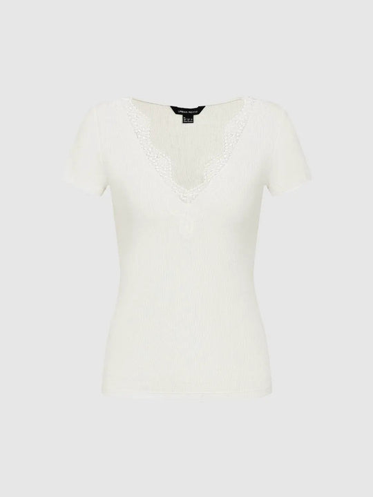 Cotton Ribbed Knit V-Neck Lace Trim T-Shirts
