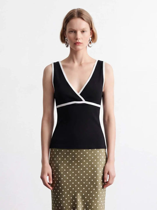 Cotton Criss-Cross Neckline Sleeveless Knit T-Shirt