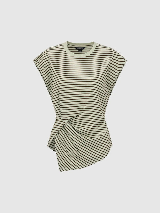 Striped Knot Hem Cap Sleeve T-Shirt