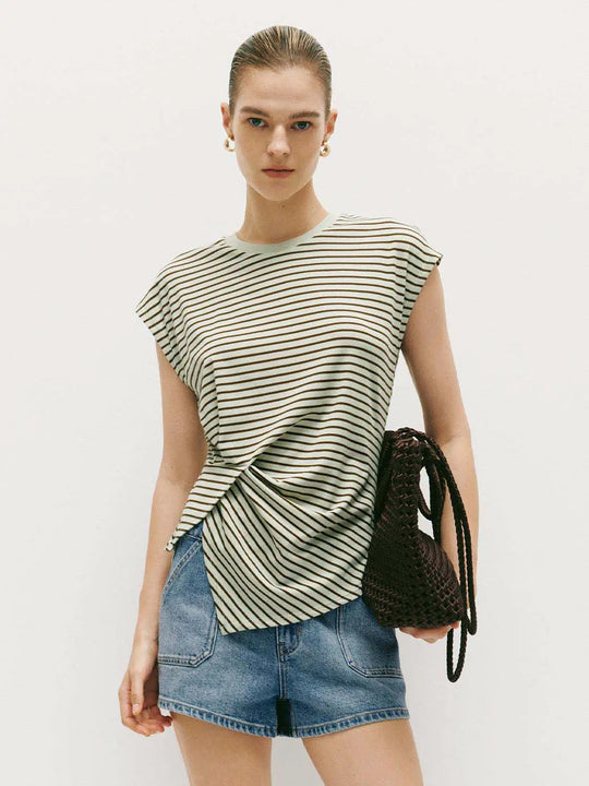 Striped Knot Hem Cap Sleeve T-Shirt