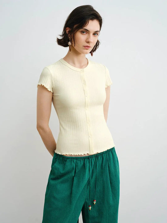 Ribbed Knit Cotton Slim Button Front T-shirt