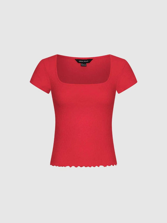 Ribbed Square Neck Cropped Slim T-shirt