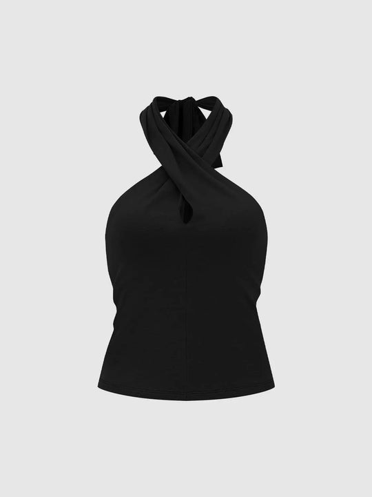 Lyocell Crisscross Knotted Neck Halter Tank Tops