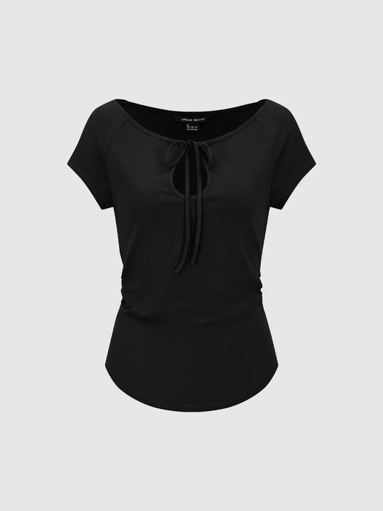 Solid Tie Front Knit Short Sleeve T-shirt