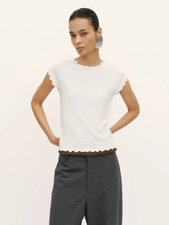 Scalloped Edge Short Sleeve Lyocell Wool Blend T-shirt