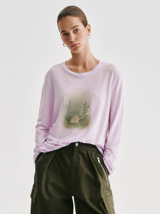 Pastel Meadow Bunny Print Cotton T-shirt