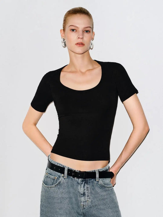 Fitted Scoop Neck Lyocell Wool Blend T-shirt