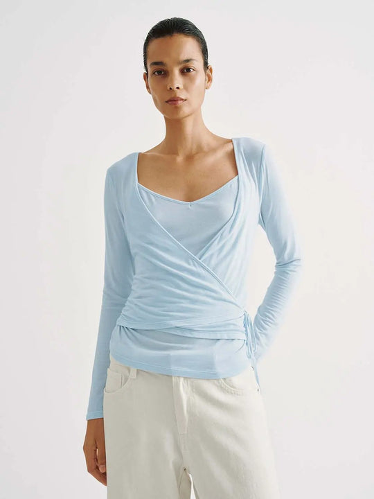 Wrap Front Ruched V-neck Long Sleeve T-shirt