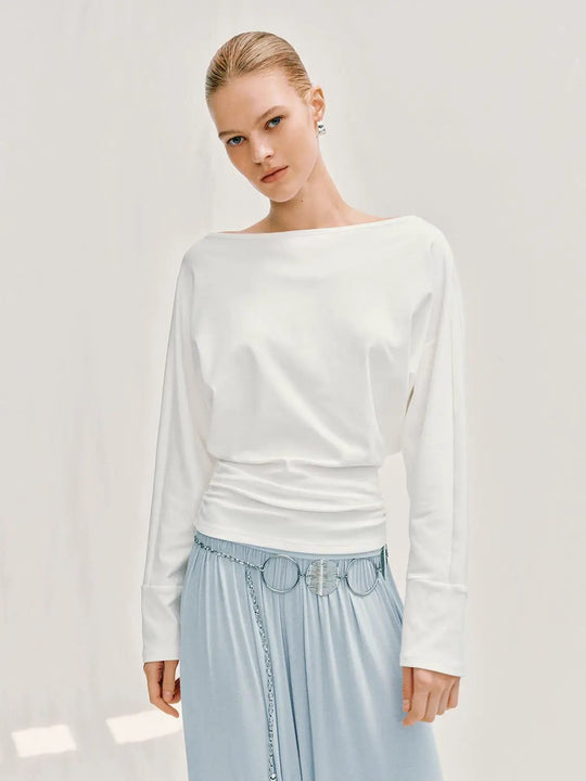 Boat Neck White Long Sleeve Cotton T-shirt