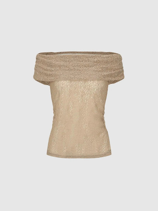 Fitted Off-Shoulder Wide Neckline Textured T-Shirt