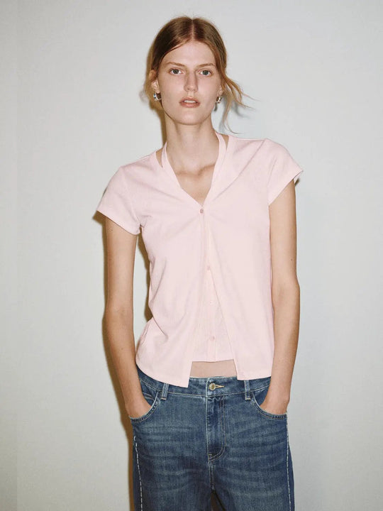 Ruched V-neck Short Sleeve T-shirt