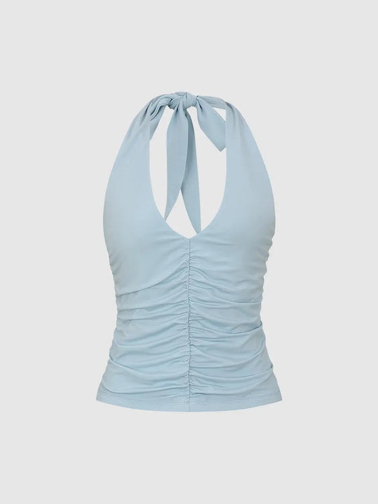 Ruched Front Tie Neck Sleeveless Tank Top