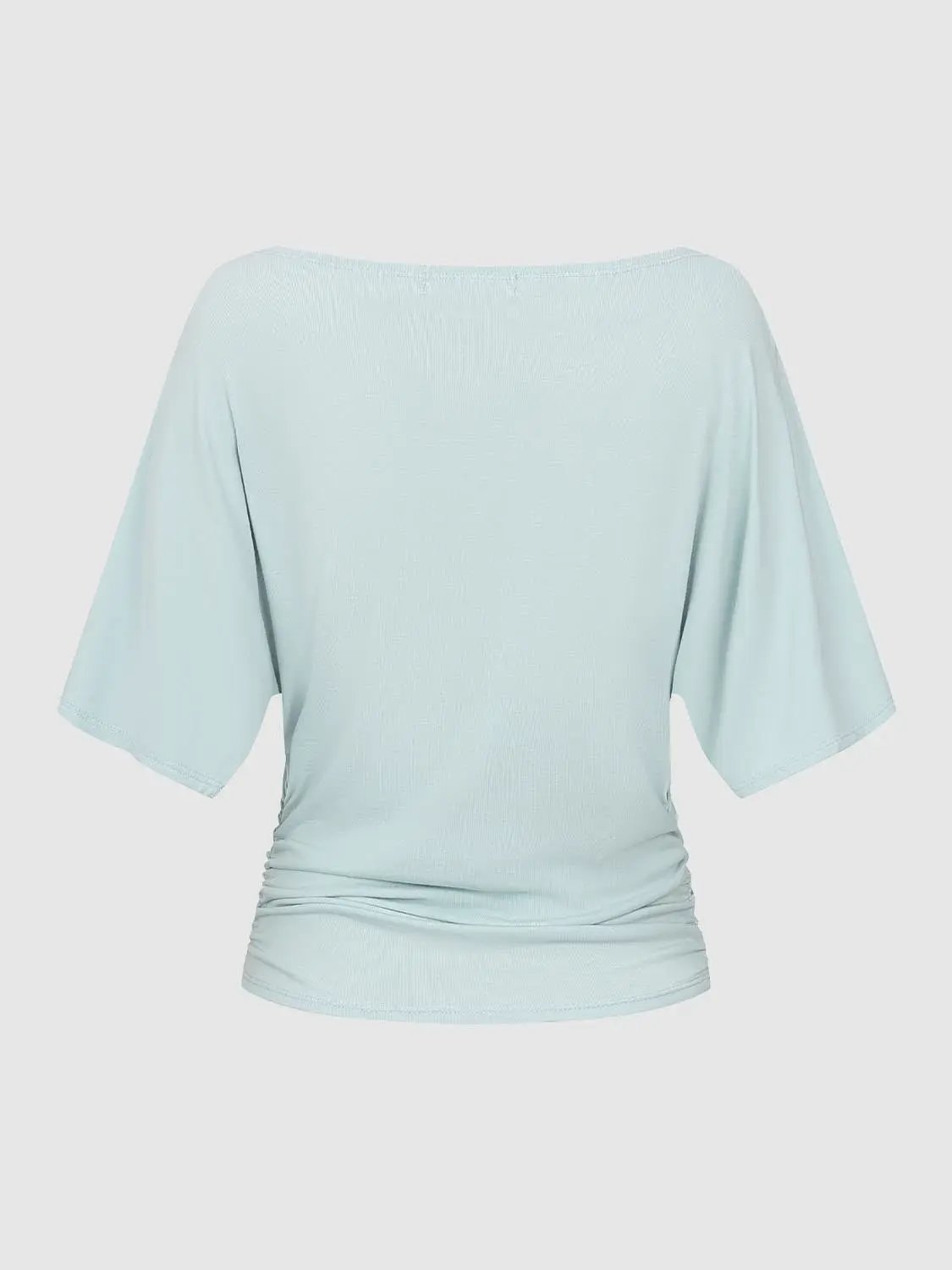 Draped Short Sleeve Ruched Waist T-shirt in light blue, back view