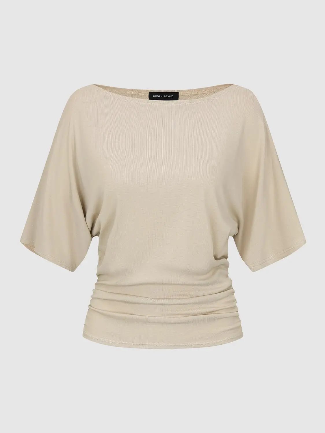 Draped short-sleeve ruched-waist T-shirt in beige by Urban Revivo Fashion