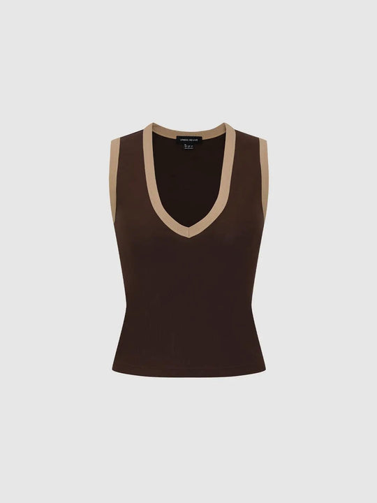 Two-tone V-neck Beige Trim Cotton Tank Top