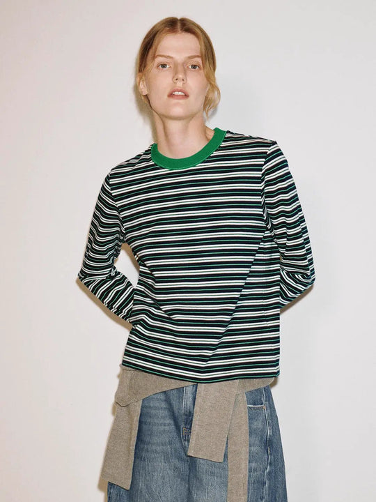 Striped Cotton Crew Neck Long Sleeve T-shirt