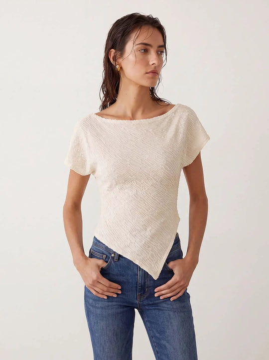 Textured Asymmetric Hem Fitted Boat Neck T-shirt