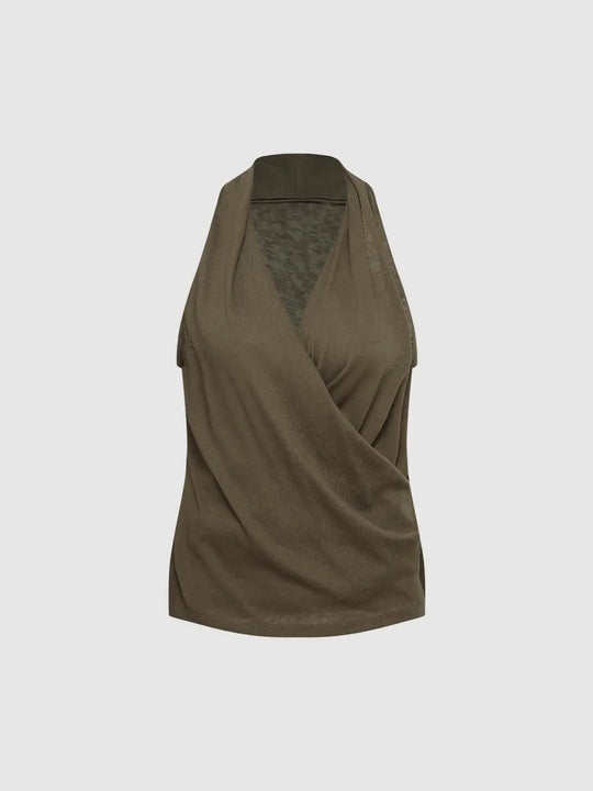 Draped Wrap Front Sleeveless Cotton Blend Tank Top