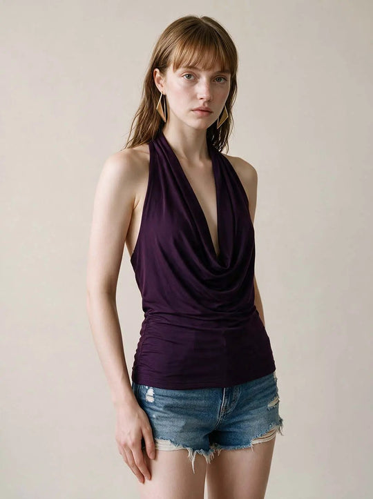 Körpernahes, drapiertes, gerafftes ärmelloses Tanktop mit tiefem V-Ausschnitt