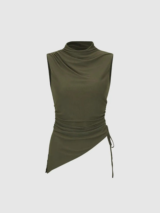 Mock Neck Draped Wrap Waist Tie Tank Top