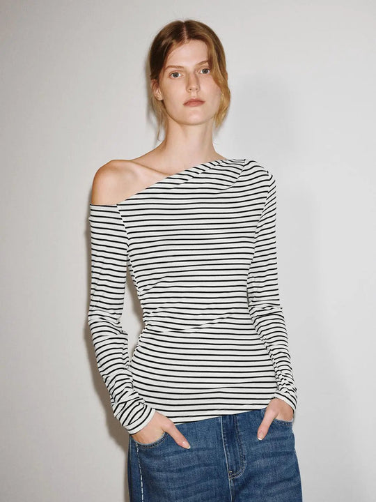 Striped Asymmetric Cowl Neck T-shirt