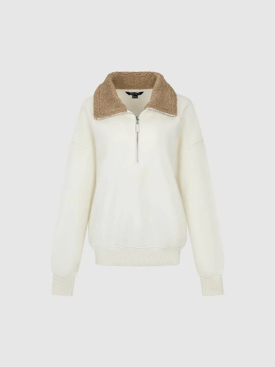 Faux Fur Collar Half Zip Ribbed Long Sleeve Sweatshirt