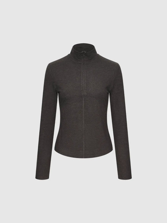 Zip Front Mock Neck Fitted Long Sleeve T-Shirt