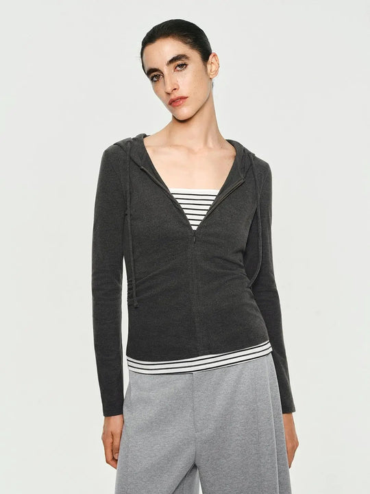 Ruched Long Sleeve Zip Hoodie With Striped Hem