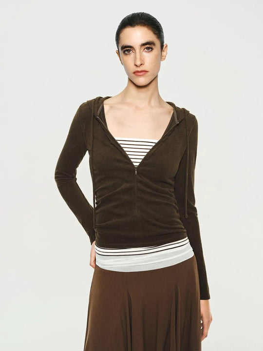 Ruched Layered Striped Long Sleeve Zip Hoodie