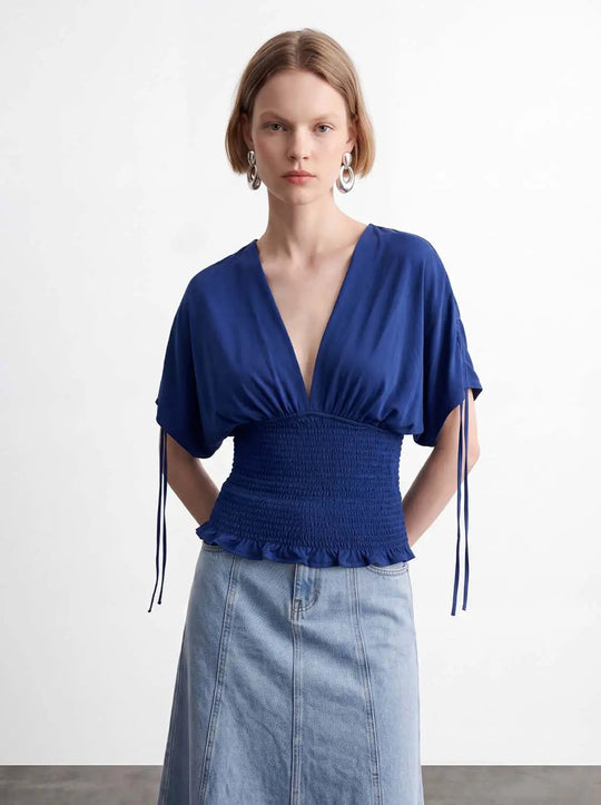 Deep V-neck Smocked Waist Ruffle Hem Tie Sleeve Top
