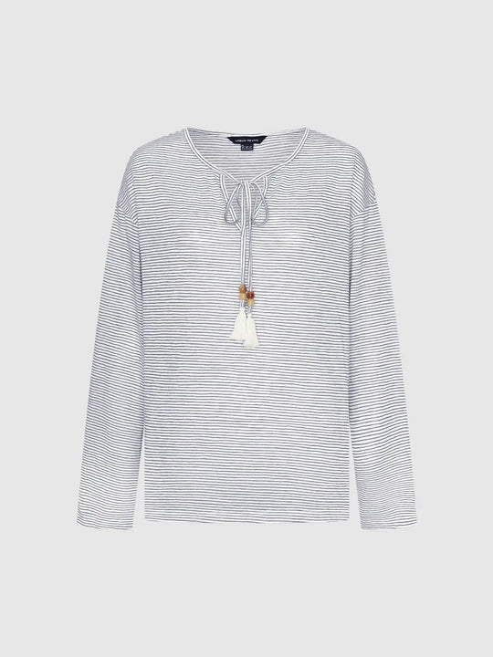 Langarm-T-Shirt mit feinen Streifen und Bindeband am Hals